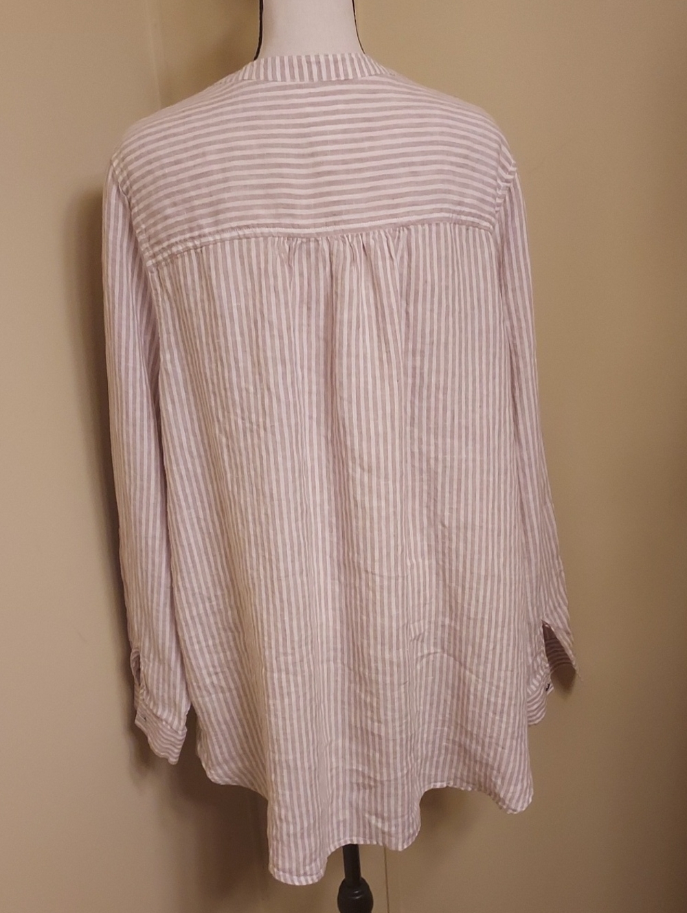 Sigrid Olsen Linen Button-Down Tunic Shirt in Light Tan and White Stripes - Picture 5 of 9